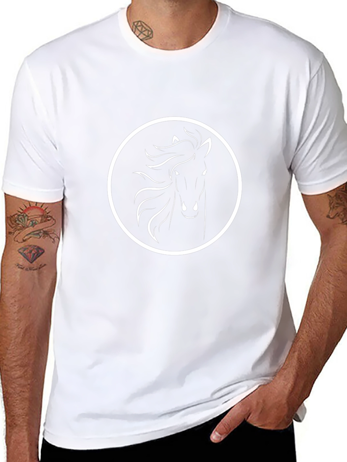Black T-Shirt with White Horse Circle Design