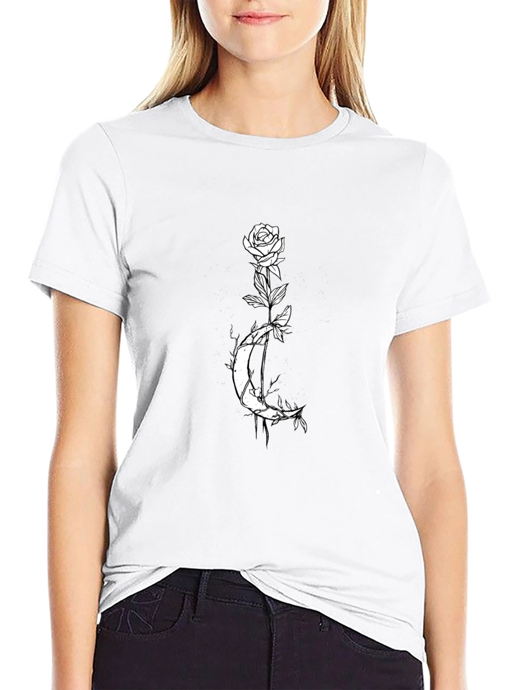 Rose Moon Graphic Tee - Black Cotton Casual Shirt