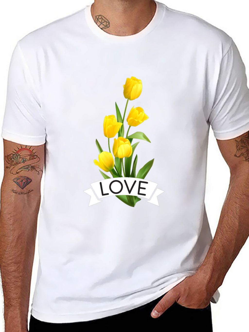 Love Tulips Graphic Tee - Black Cotton T-Shirt