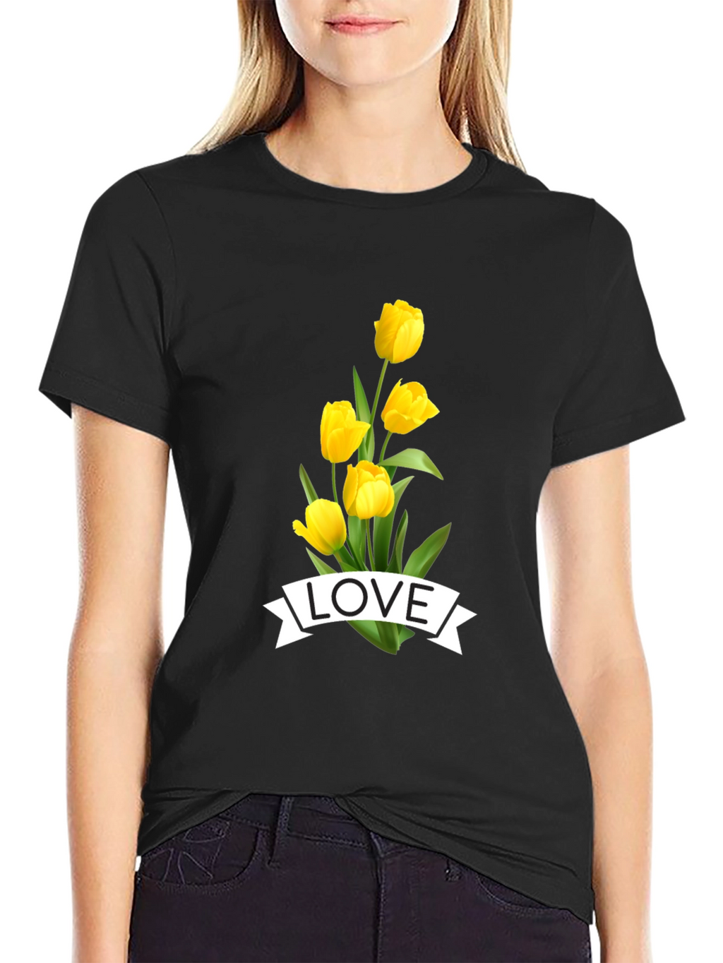 Love Tulips Graphic Tee - Black Cotton T-Shirt