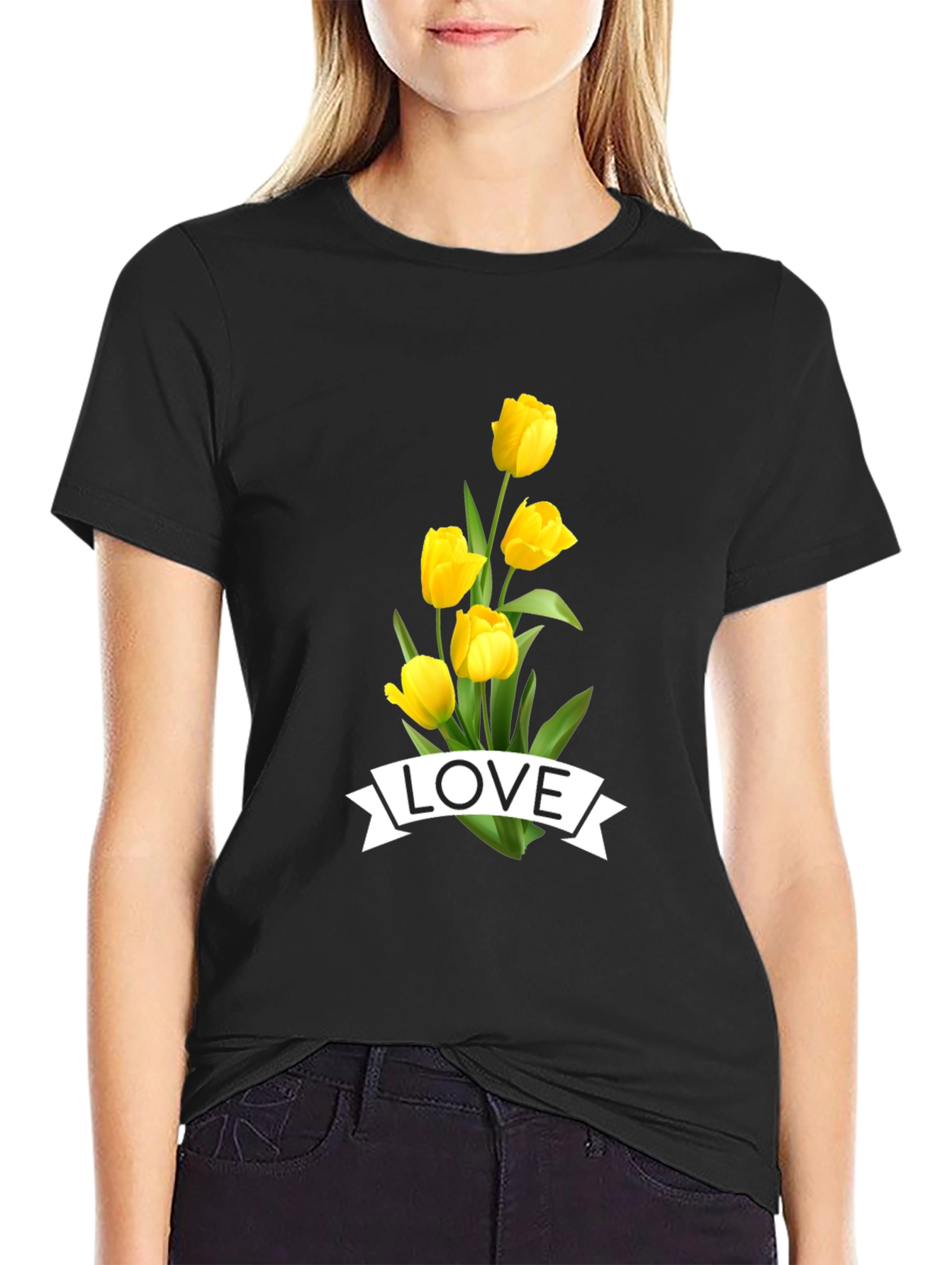 Love Tulips Graphic Tee - Black Cotton T-Shirt