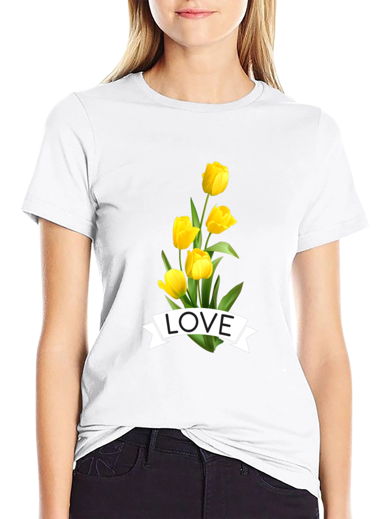 Love Tulips Graphic Tee - Black Cotton T-Shirt