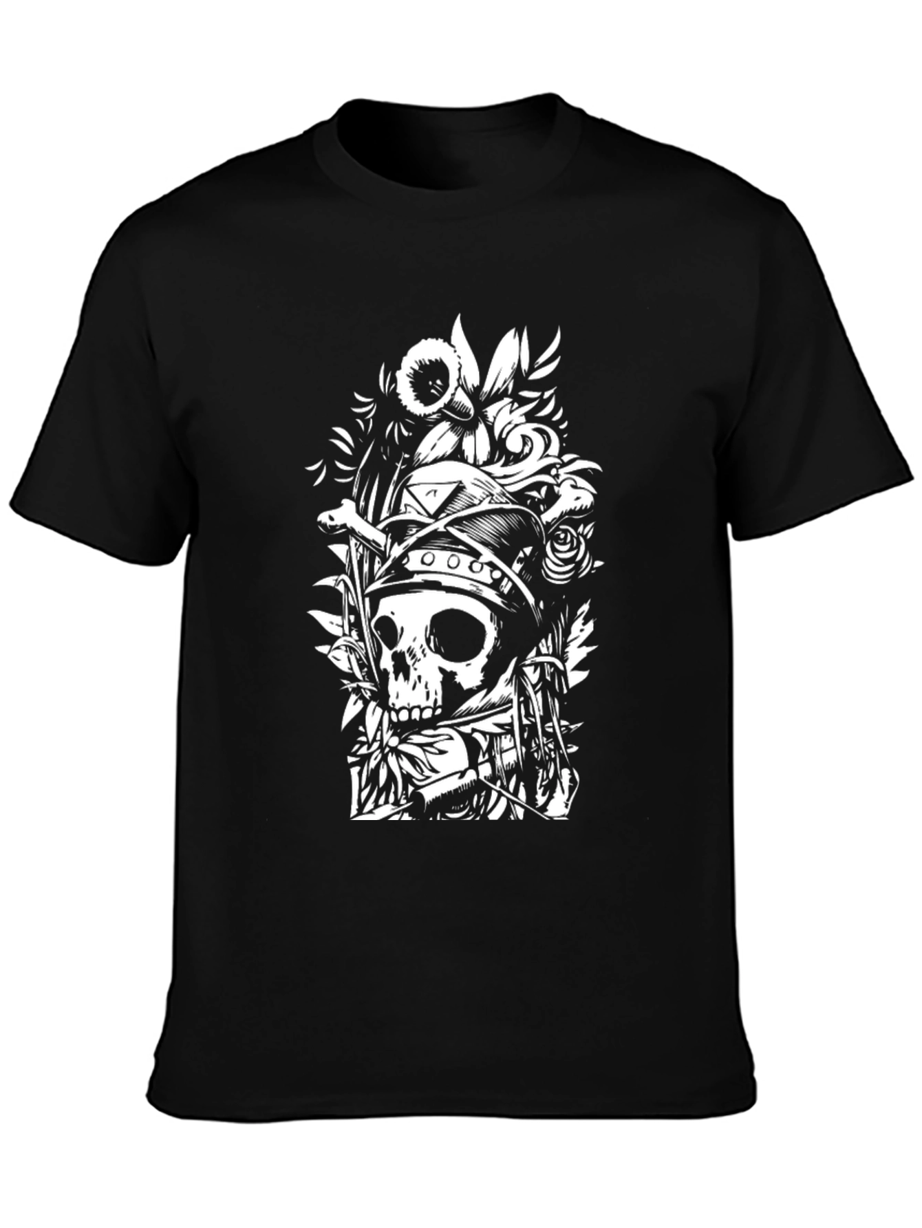 Skull & Floral Graphic Black T-Shirt