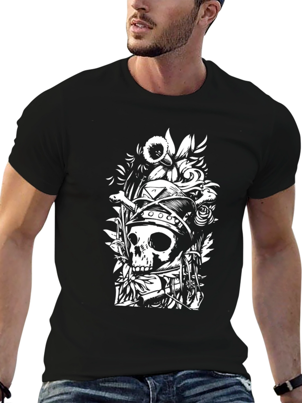 Skull & Floral Graphic Black T-Shirt