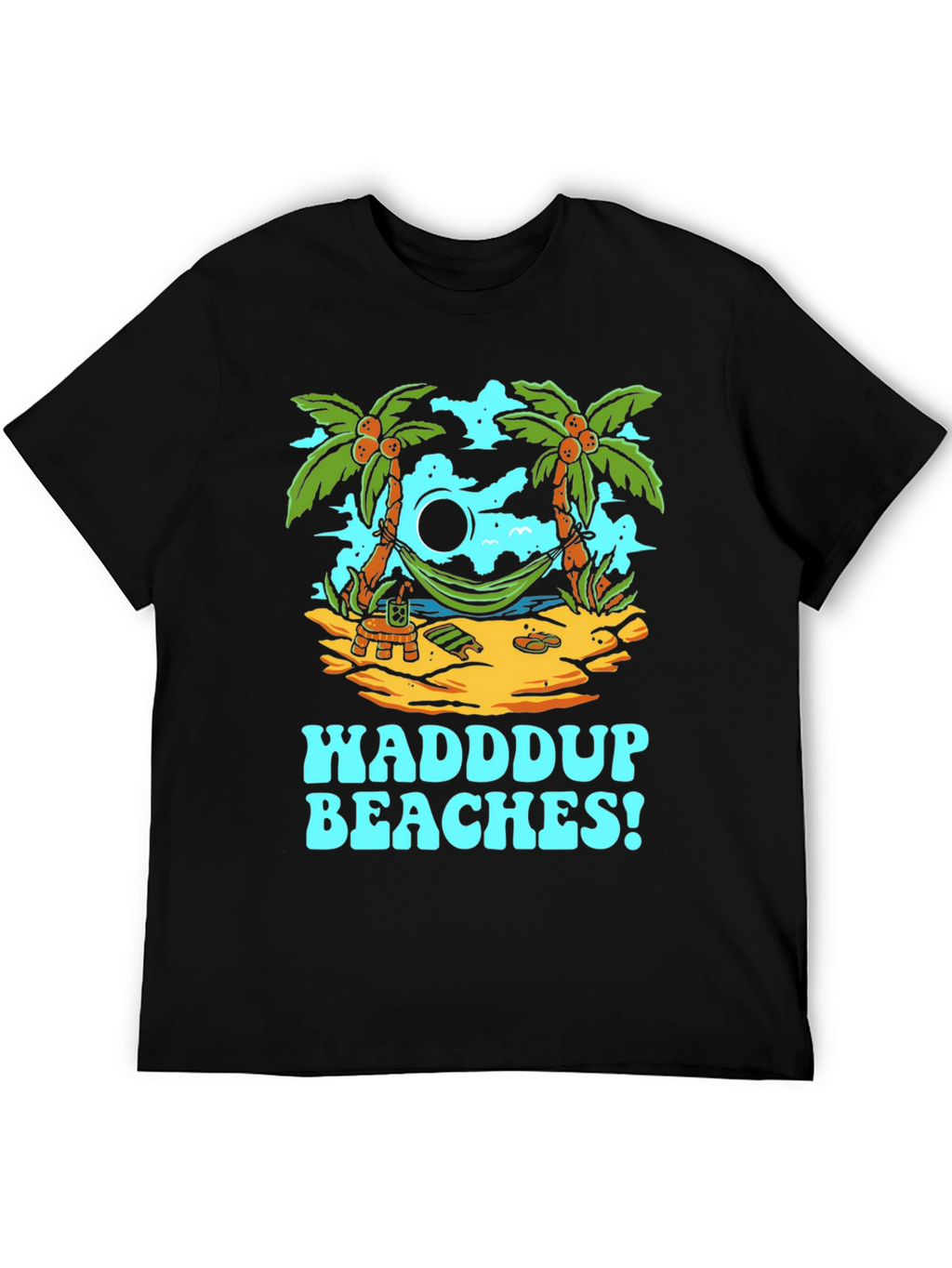 Waddup Beaches T-Shirt - Tropical Island Hammock Design