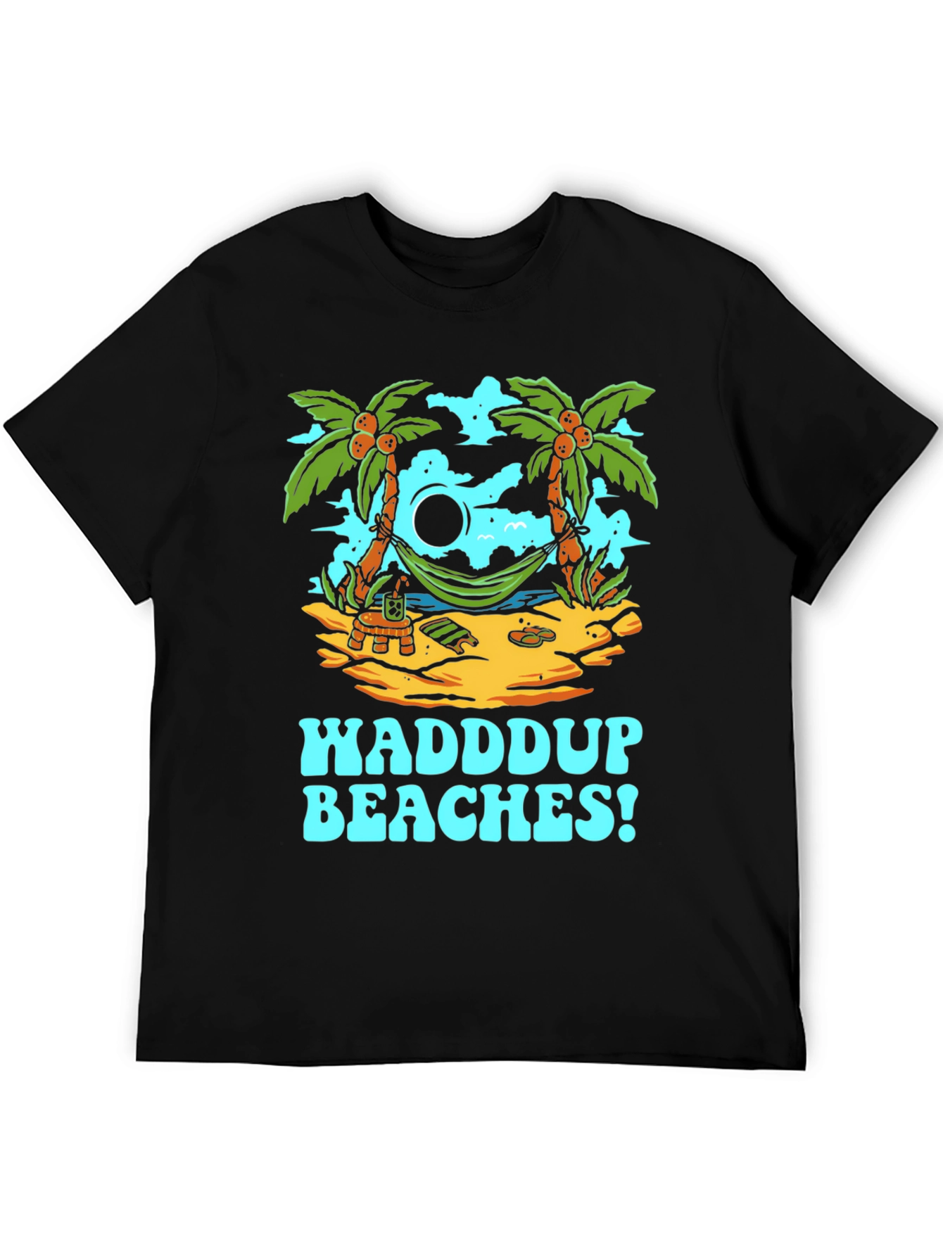 Waddup Beaches T-Shirt - Tropical Island Hammock Design