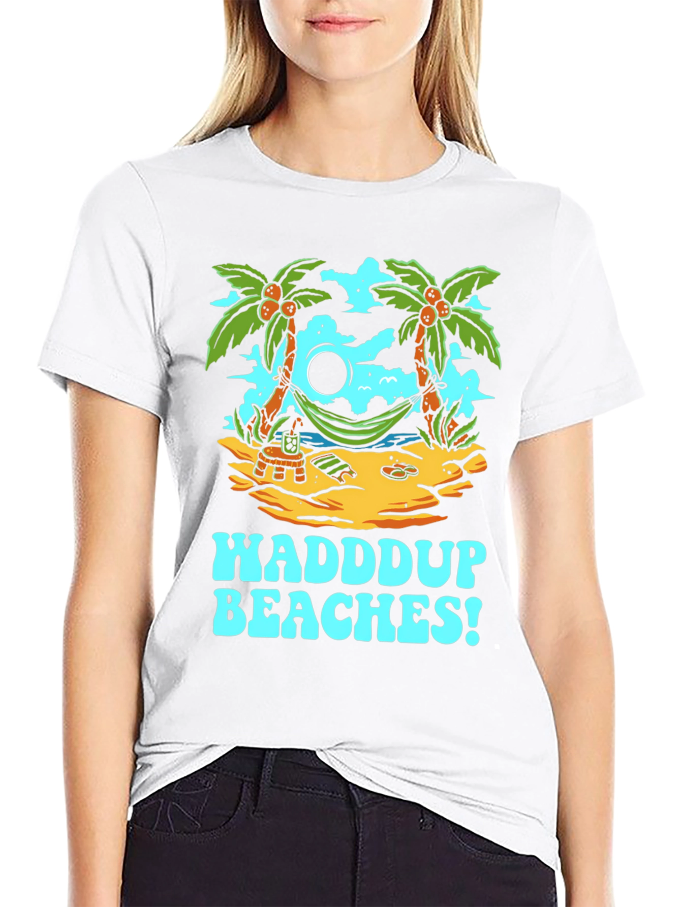 Waddup Beaches T-Shirt - Tropical Island Hammock Design