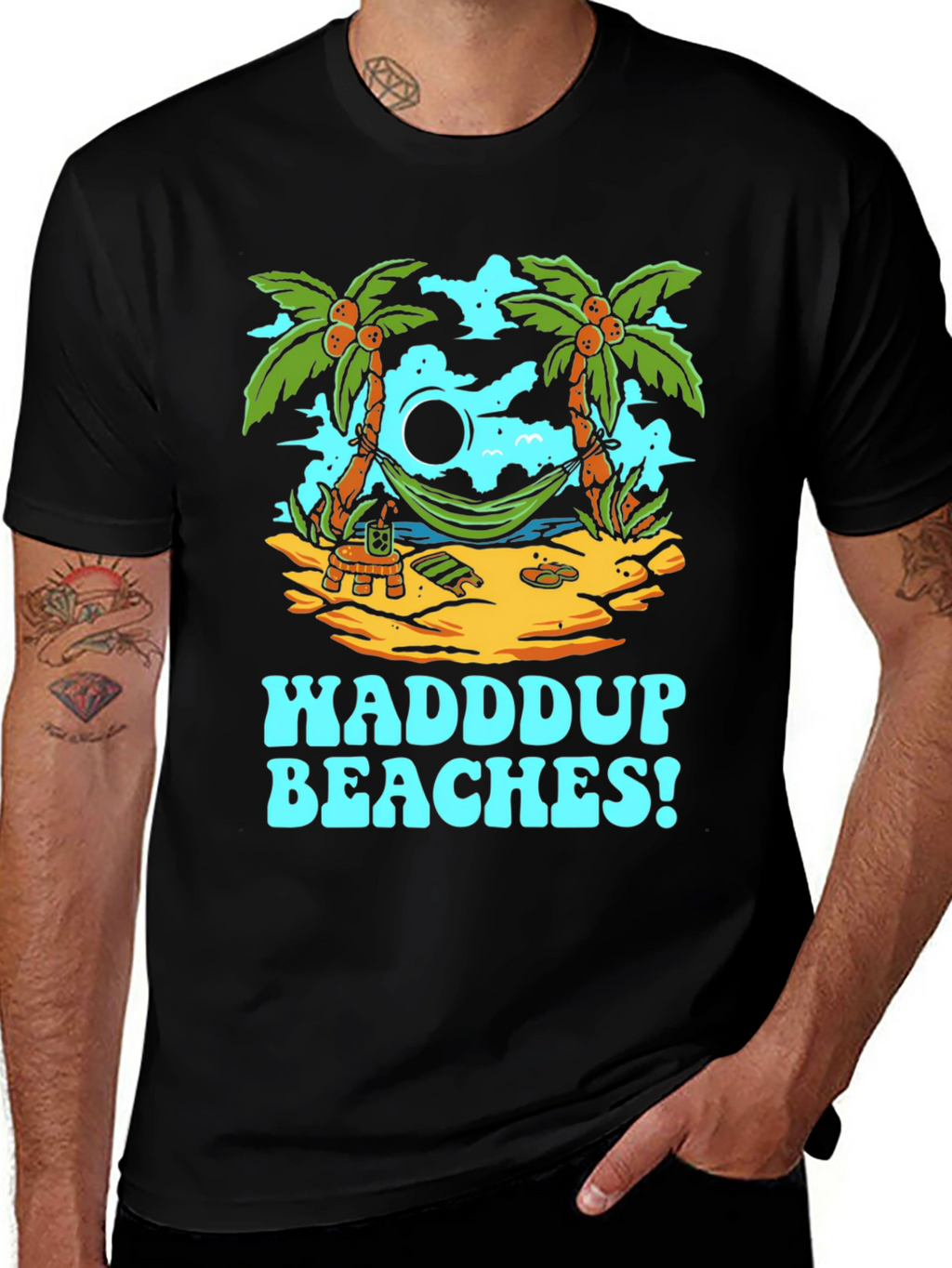 Waddup Beaches T-Shirt - Tropical Island Hammock Design