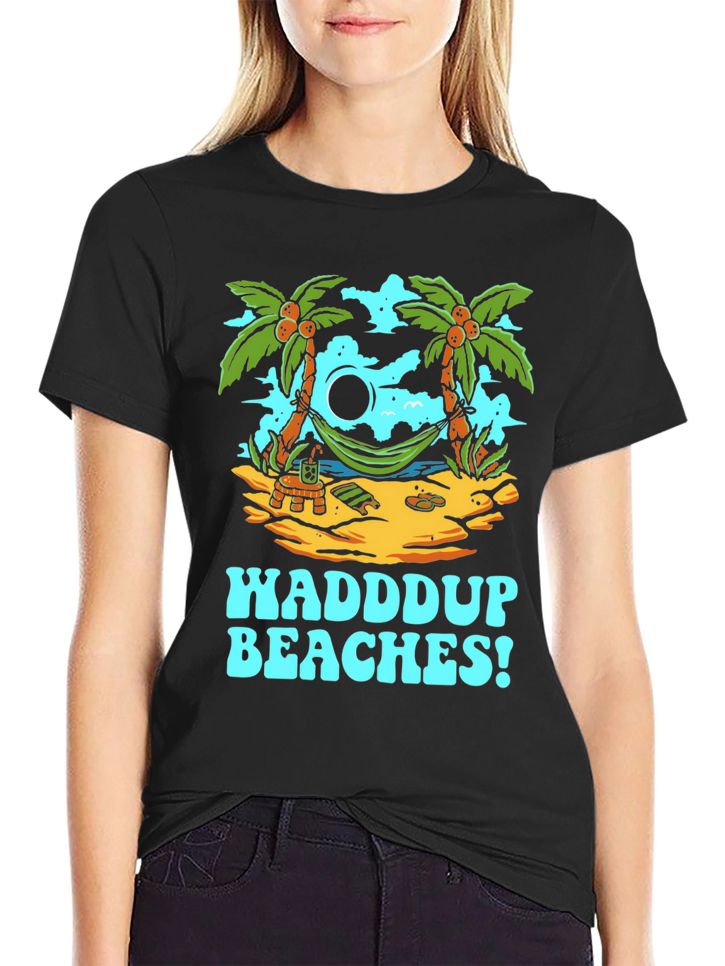 Waddup Beaches T-Shirt - Tropical Island Hammock Design