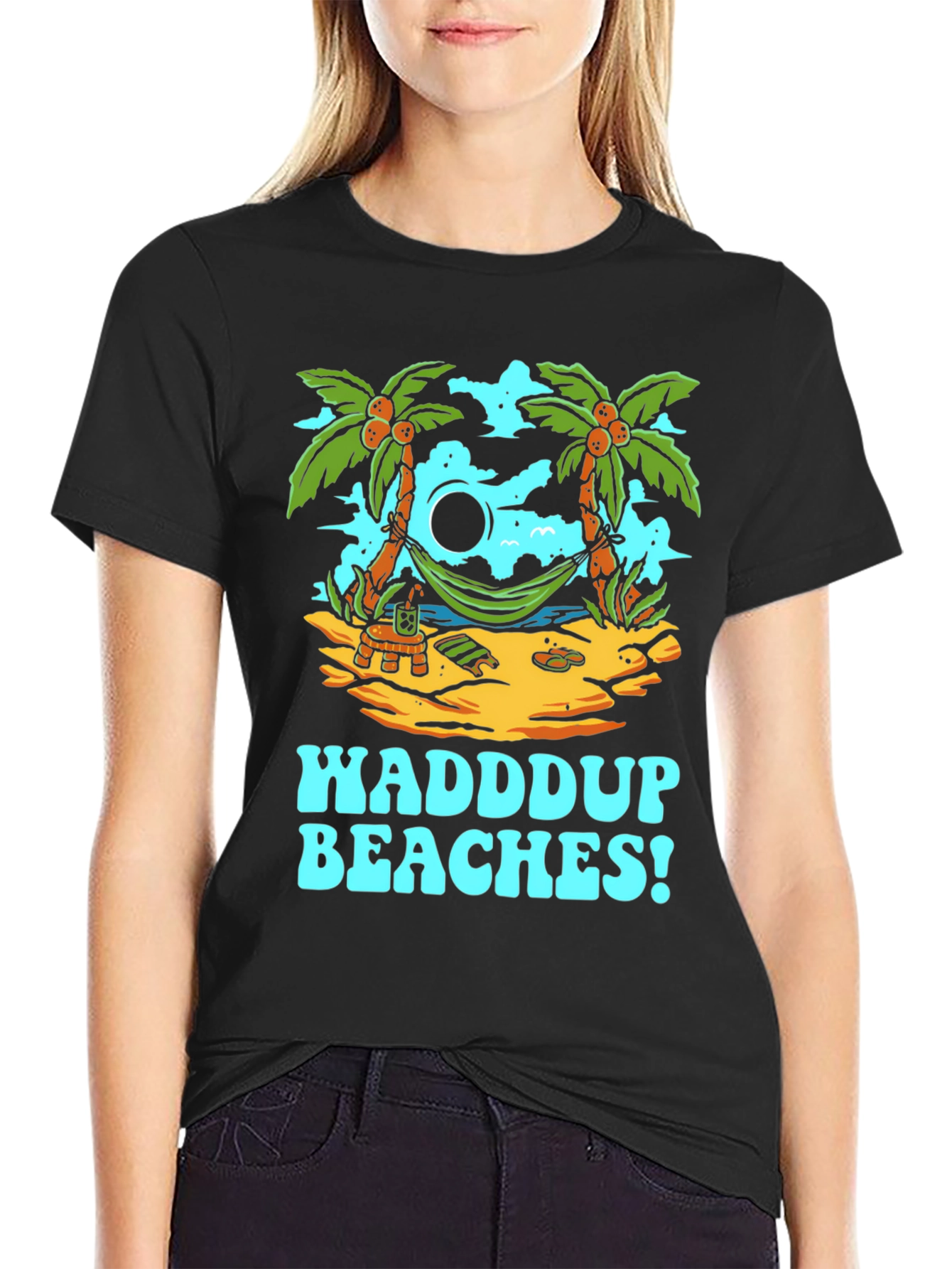 Waddup Beaches T-Shirt - Tropical Island Hammock Design