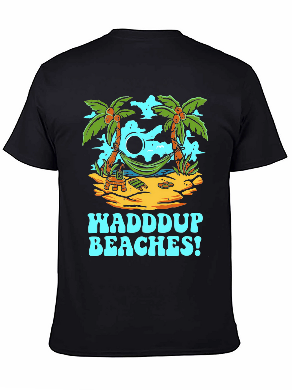 Waddup Beaches T-Shirt - Tropical Island Hammock Design