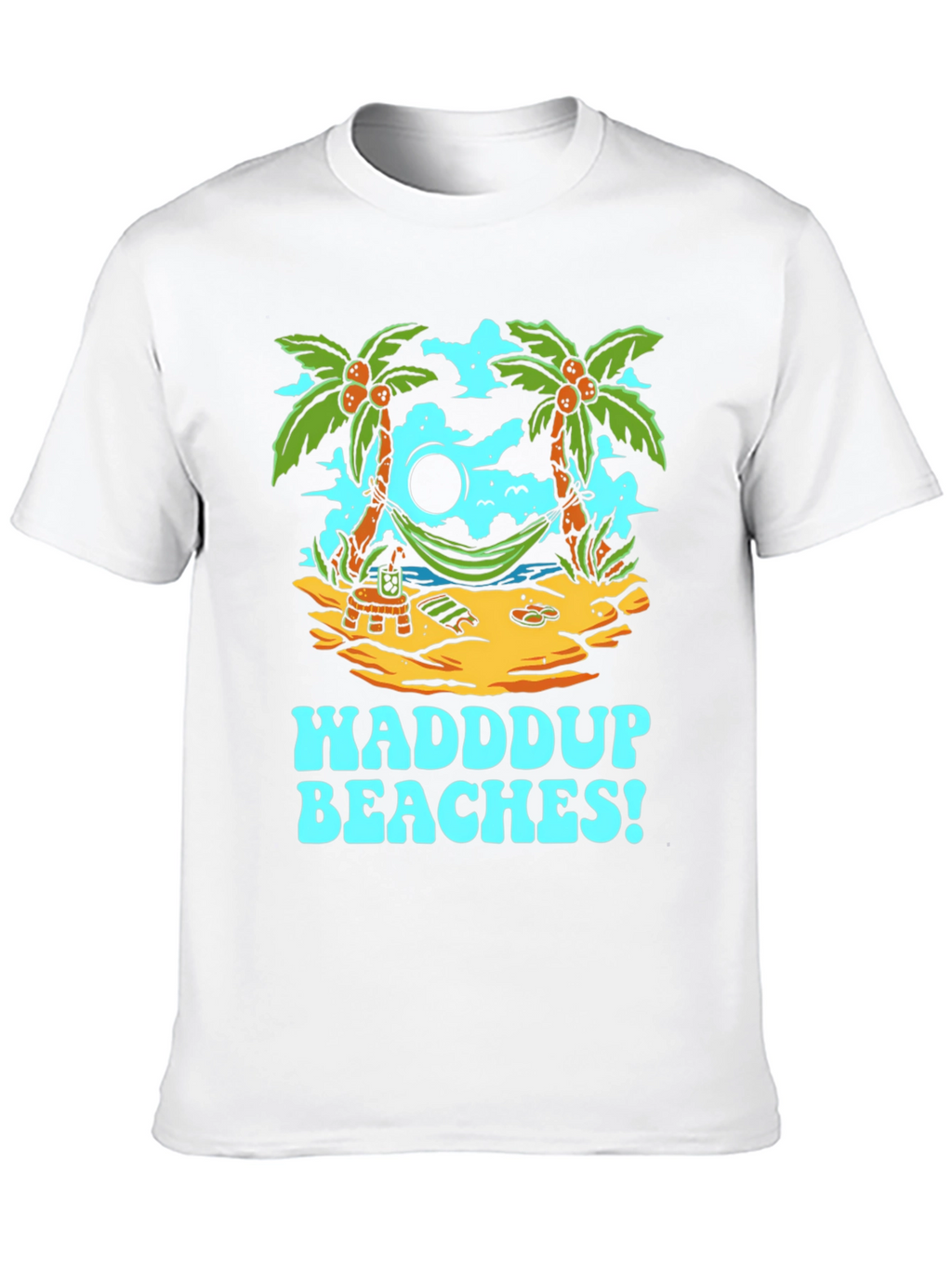 Waddup Beaches T-Shirt - Tropical Island Hammock Design