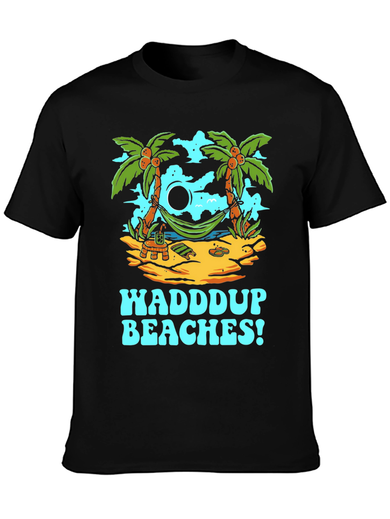 Waddup Beaches T-Shirt - Tropical Island Hammock Design