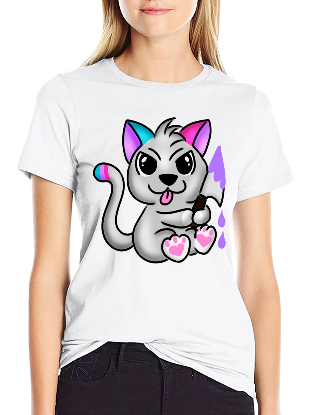 Cartoon Cat Graphic Tee - Mens Black T-Shirt