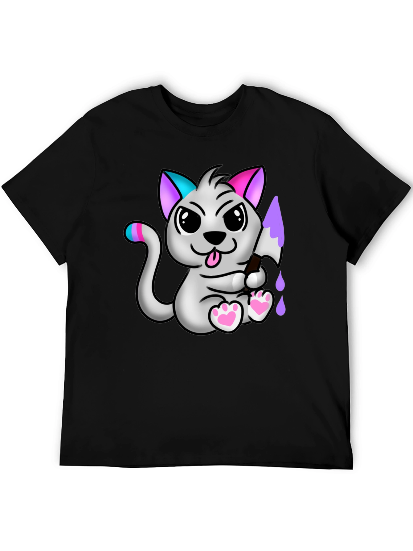 Cartoon Cat Graphic Tee - Mens Black T-Shirt