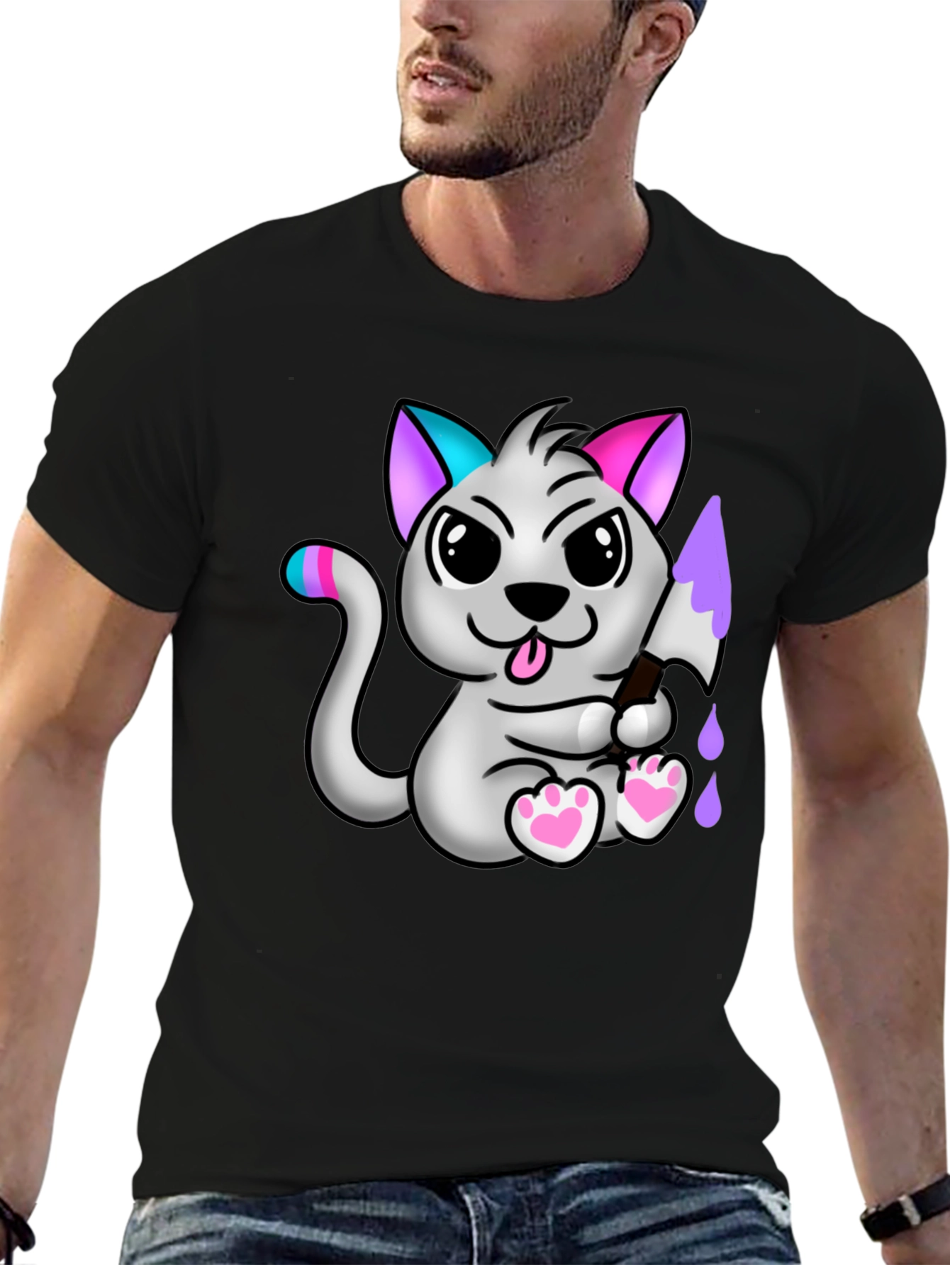 Cartoon Cat Graphic Tee - Mens Black T-Shirt