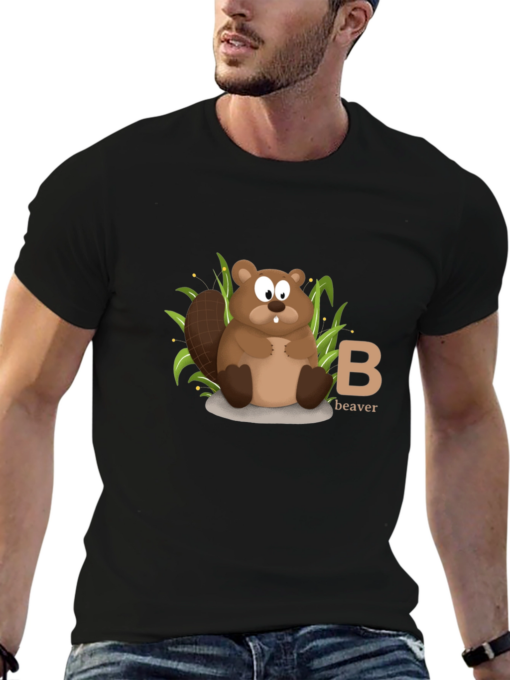Beaver Cartoon Animal Alphabet Black T-shirt