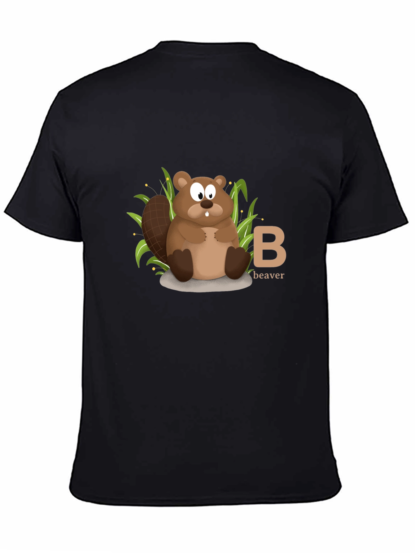 Beaver Cartoon Animal Alphabet Black T-shirt