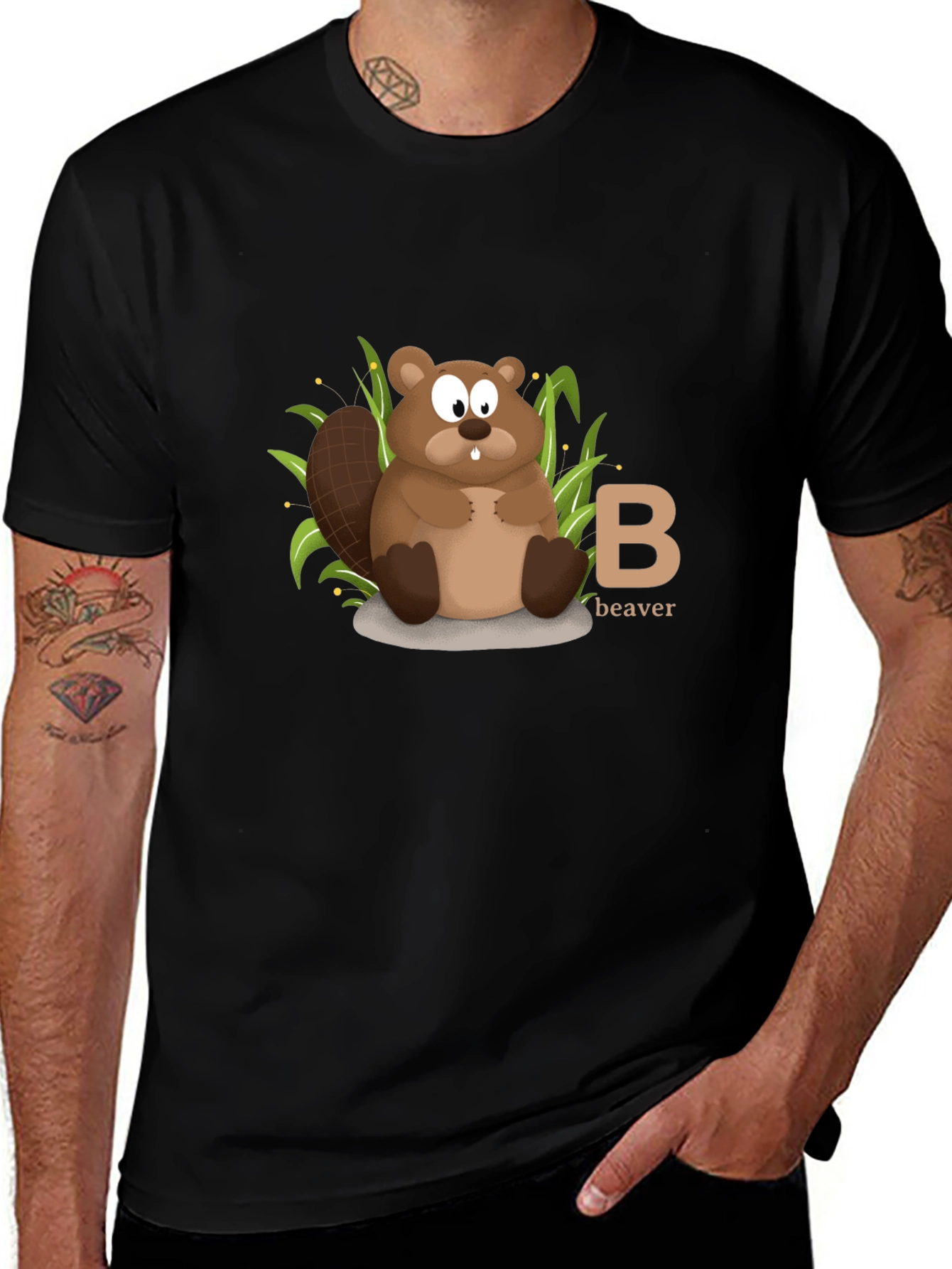Beaver Cartoon Animal Alphabet Black T-shirt