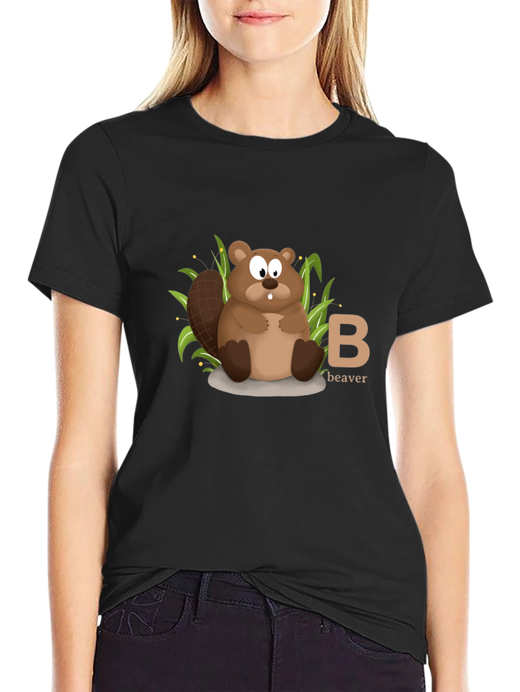 Beaver Cartoon Animal Alphabet Black T-shirt