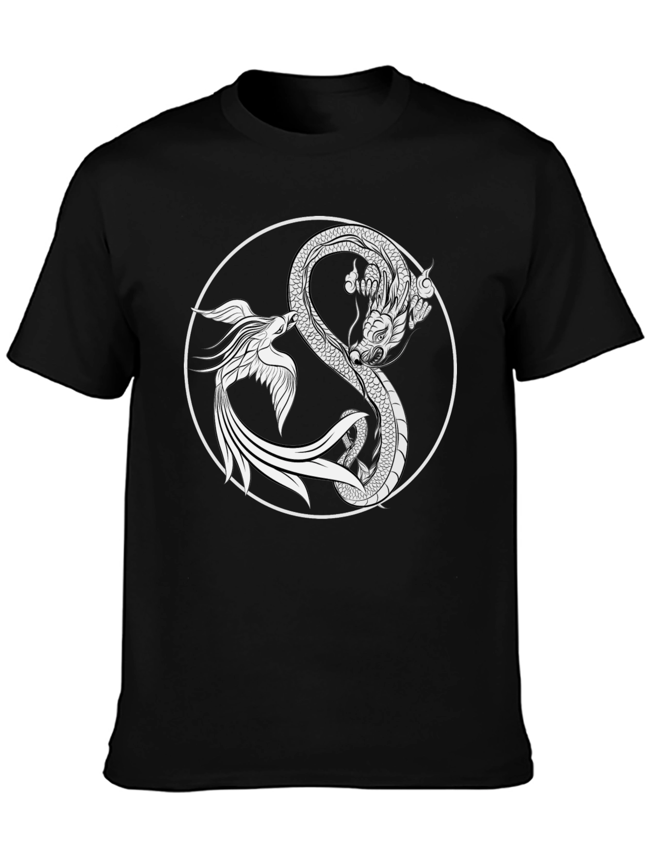 Yin Yang Dragon & Phoenix Graphic Tee - Black Cotton T-Shirt
