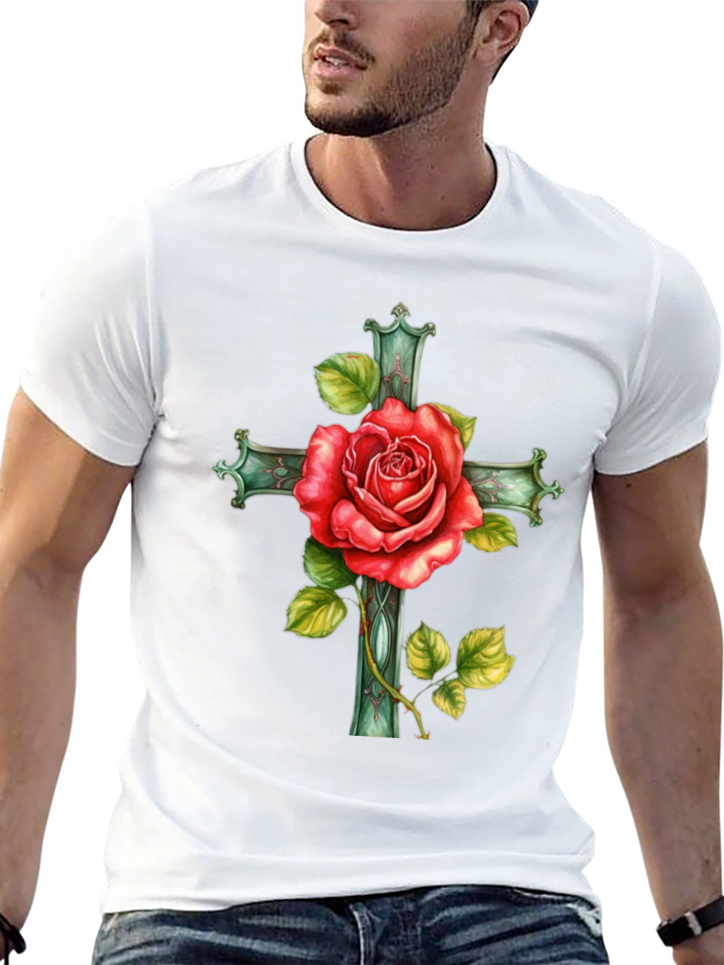 Rose Cross Graphic Tee - Stylish Black T-Shirt