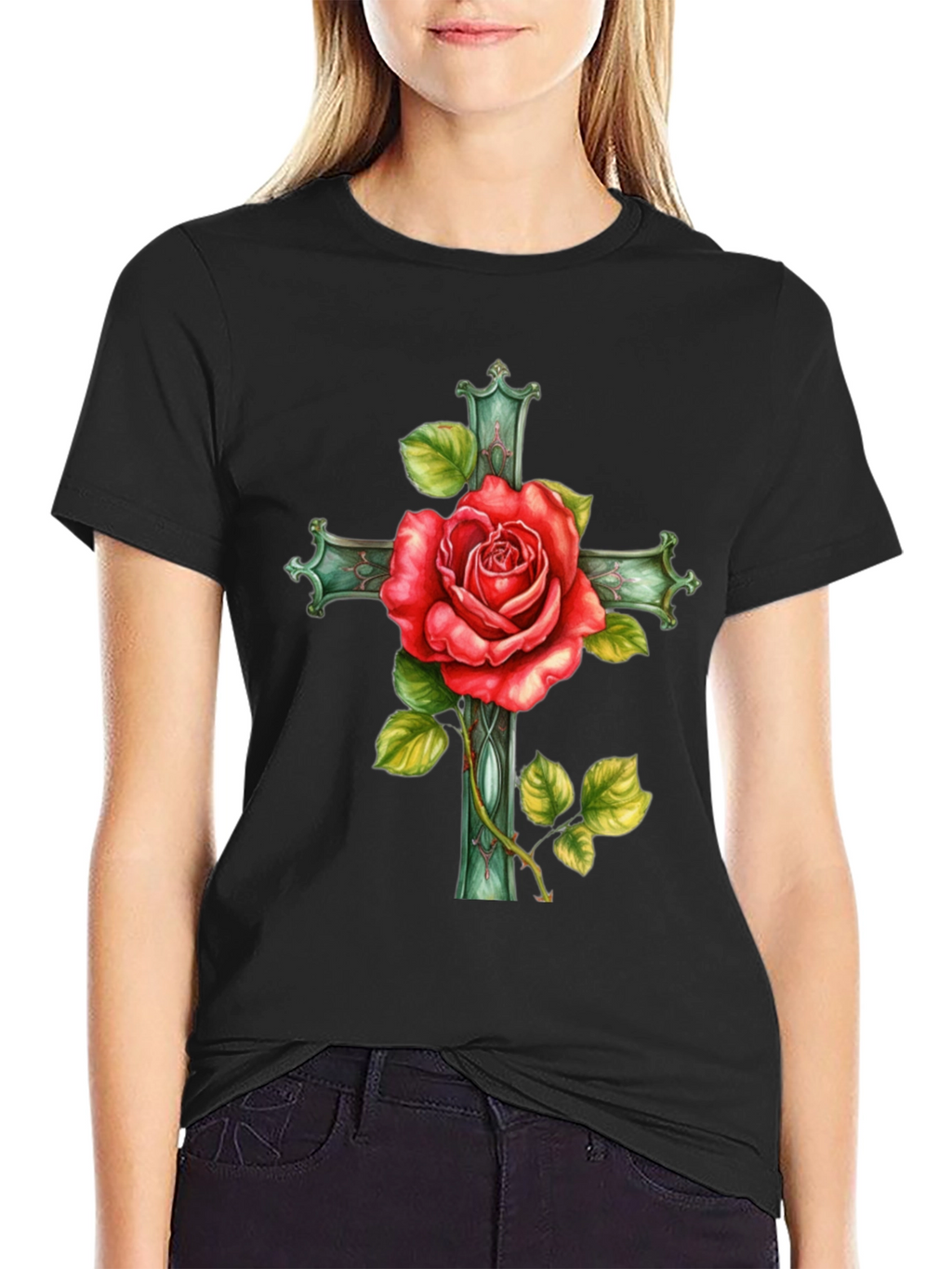 Rose Cross Graphic Tee - Stylish Black T-Shirt