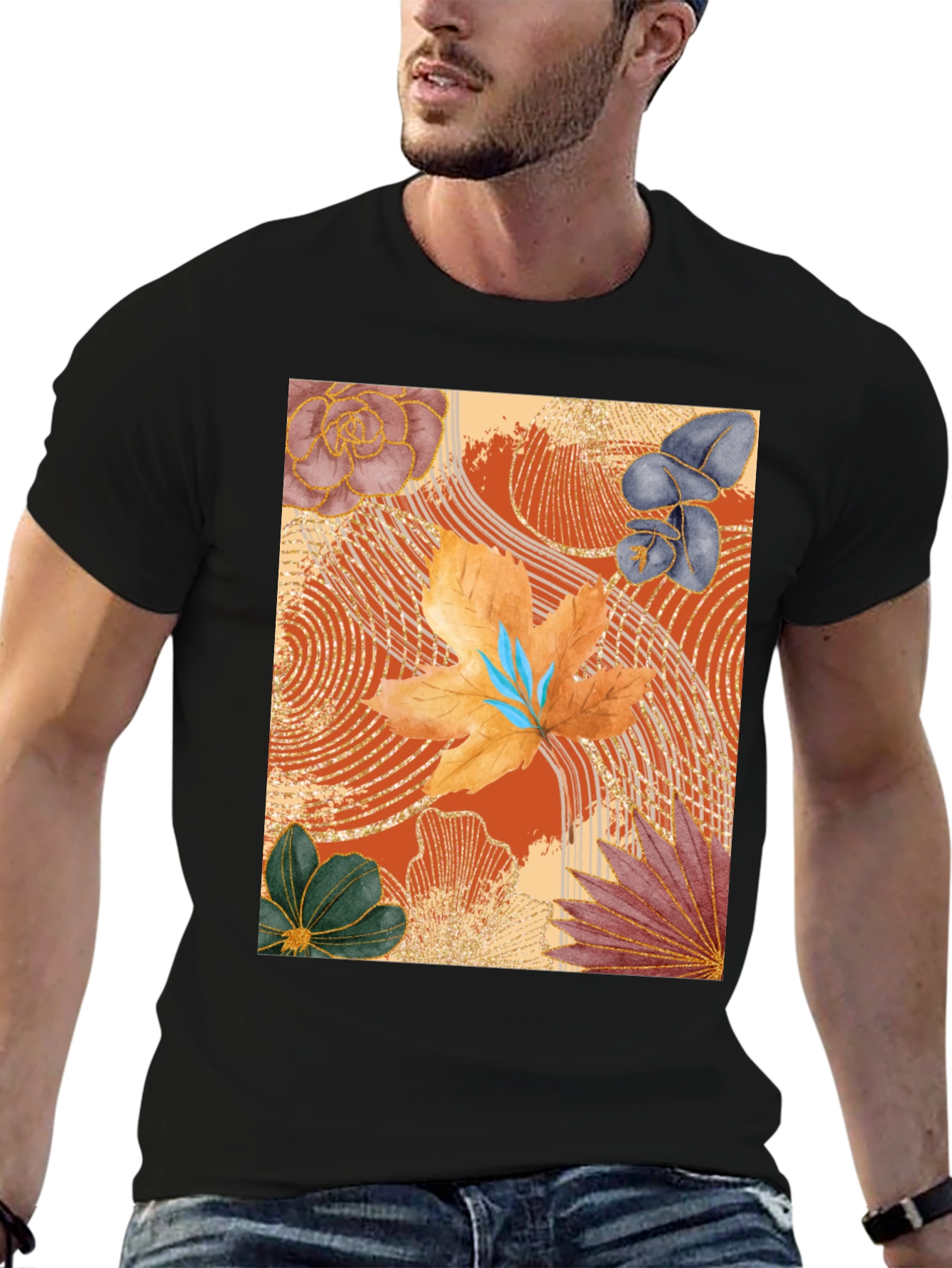 Floral Art Print Black T-Shirt