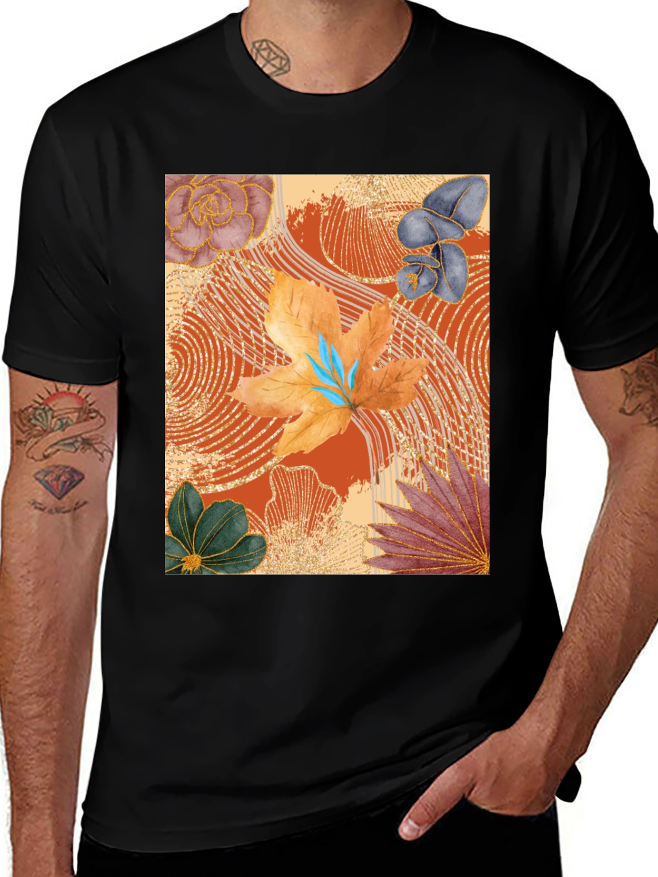 Floral Art Print Black T-Shirt