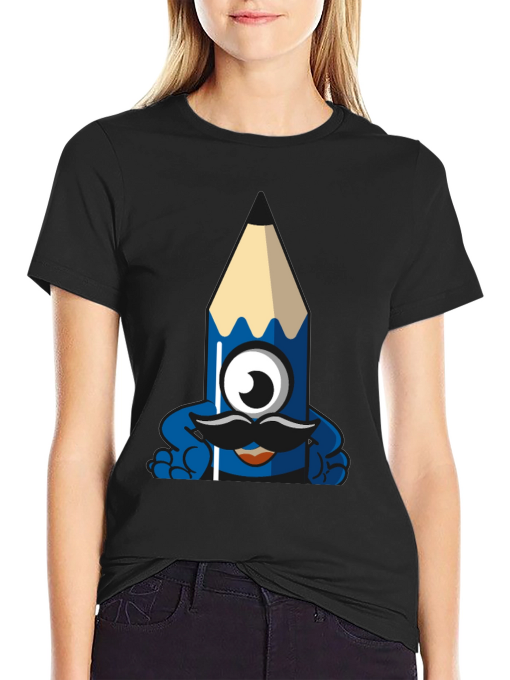 Funny Pencil Monster Graphic Tee - Black Cotton T-Shirt