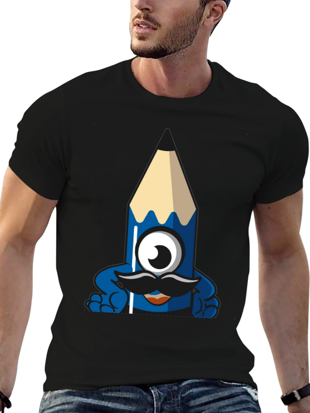 Funny Pencil Monster Graphic Tee - Black Cotton T-Shirt