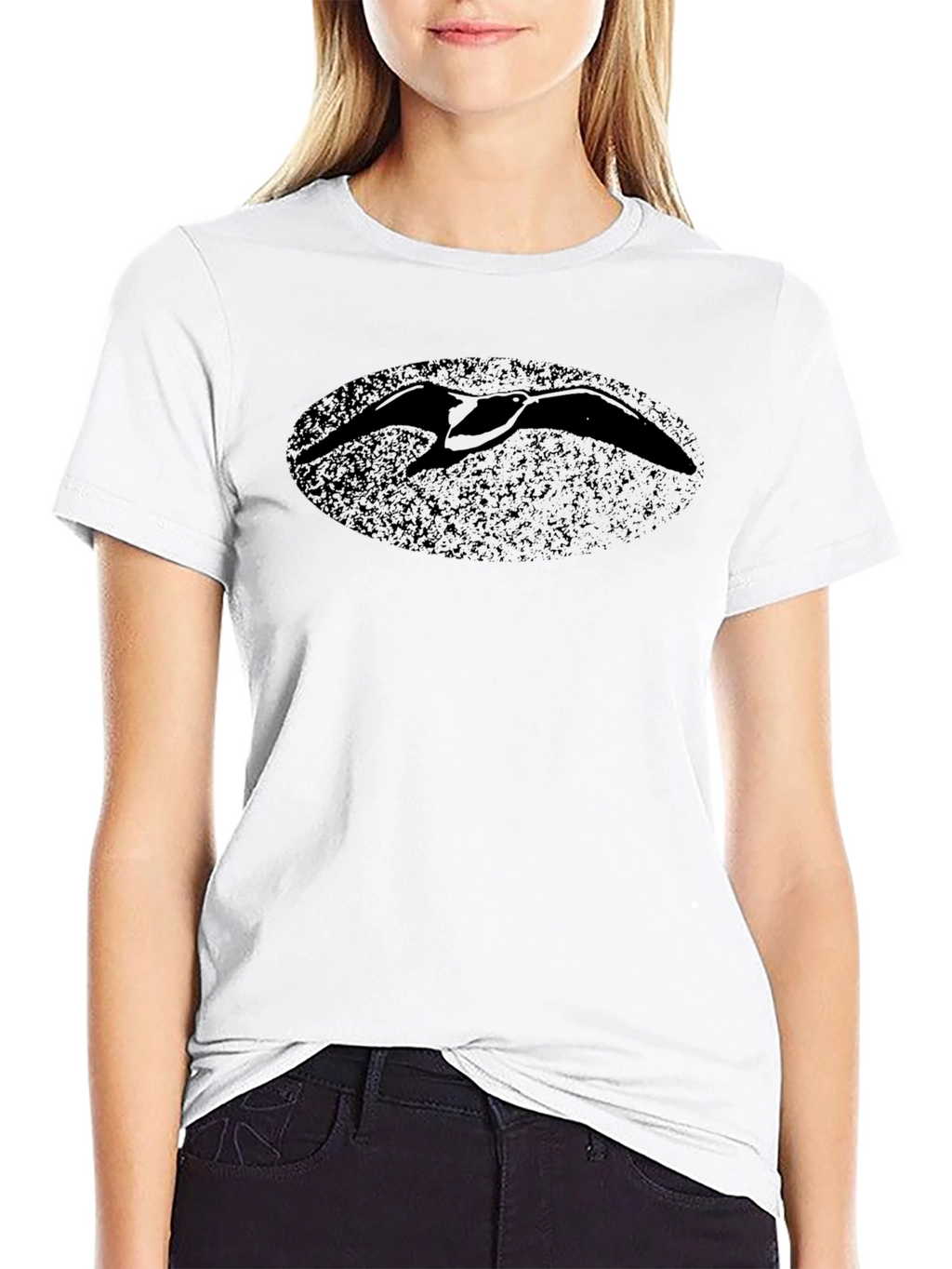 Black T-Shirt with Distressed Bird Oval Print