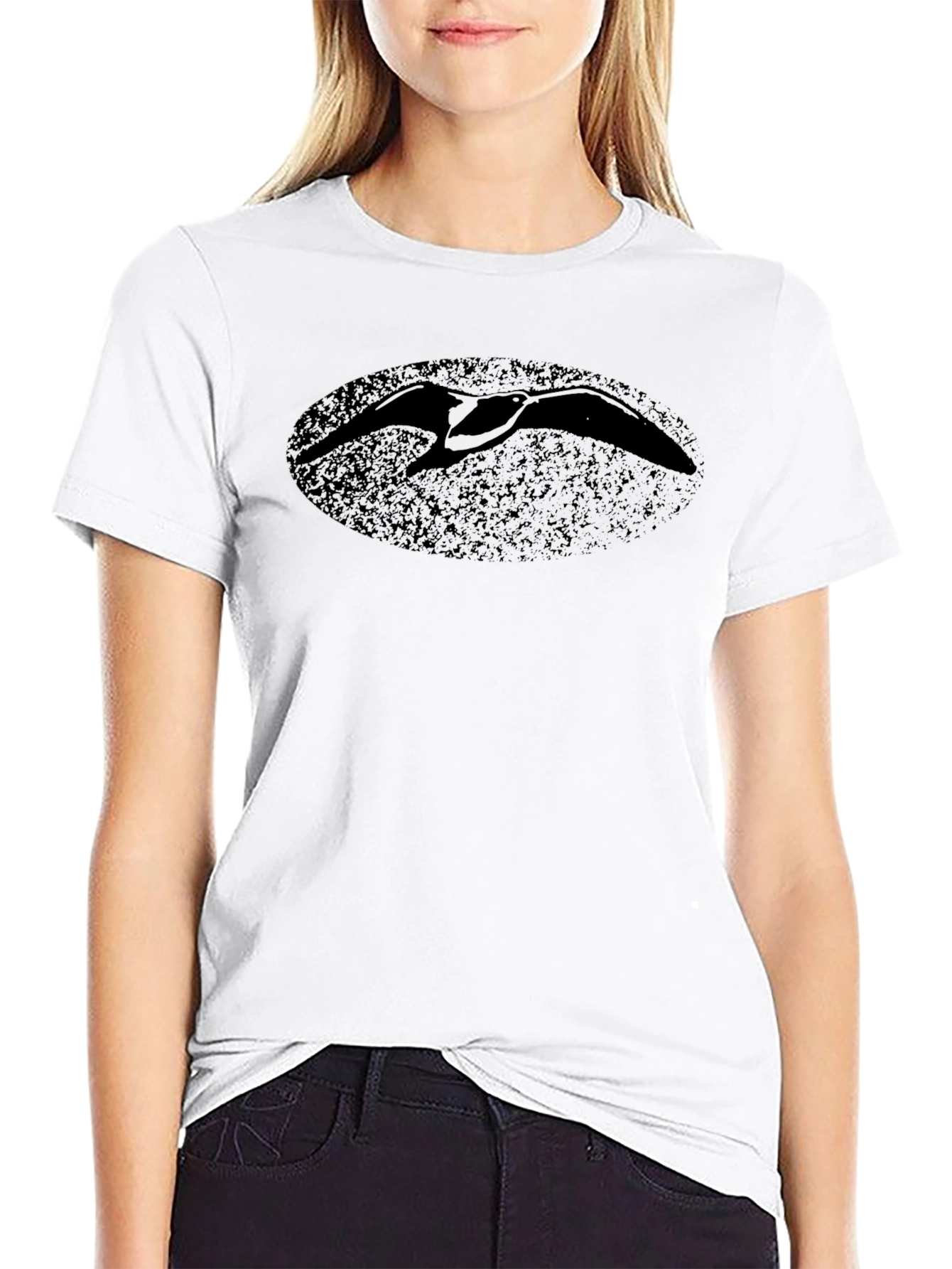 Black T-Shirt with Distressed Bird Oval Print