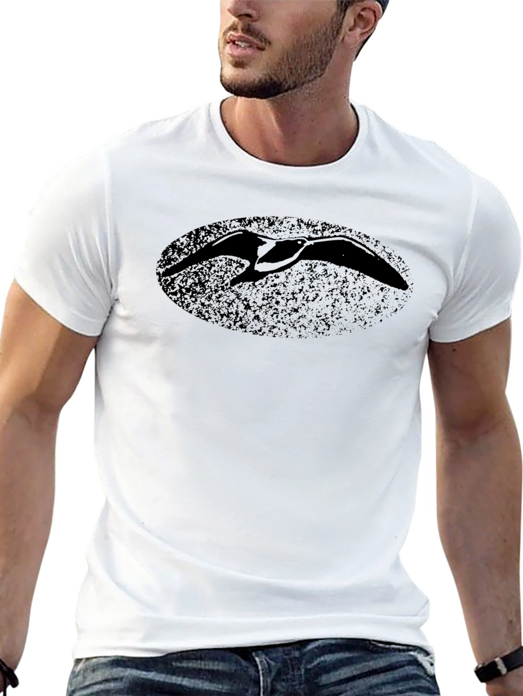 Black T-Shirt with Distressed Bird Oval Print