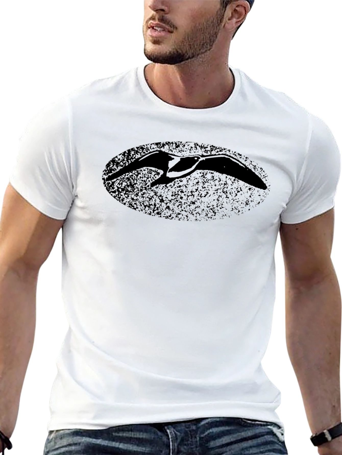 Black T-Shirt with Distressed Bird Oval Print