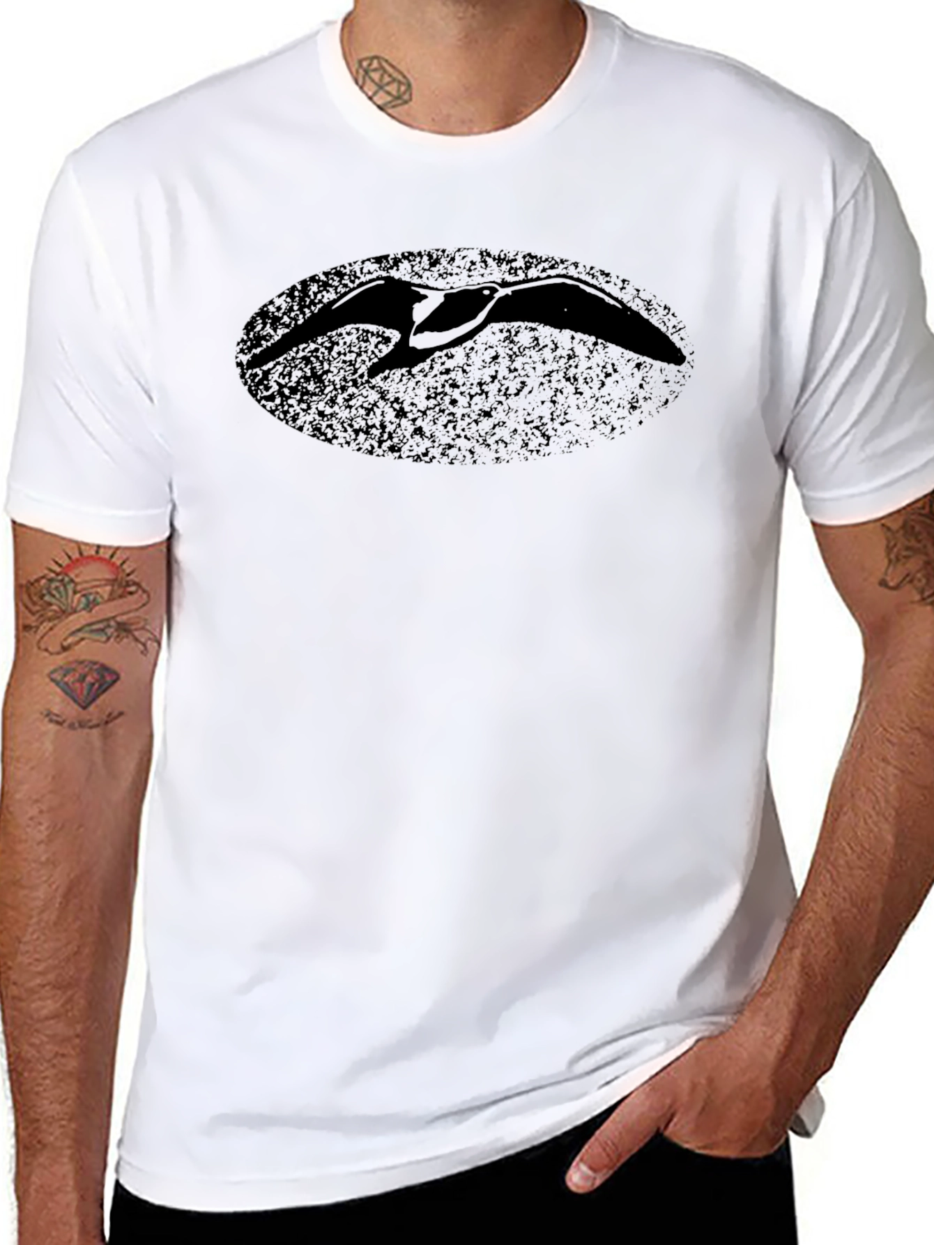 Black T-Shirt with Distressed Bird Oval Print