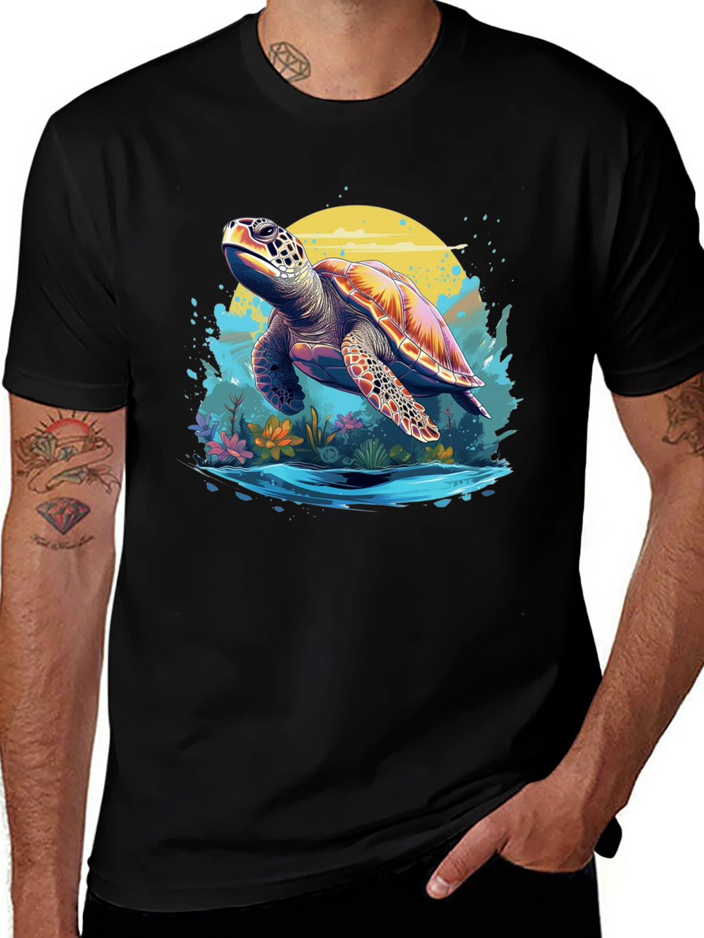 Turtle Graphic Print Black T-Shirt