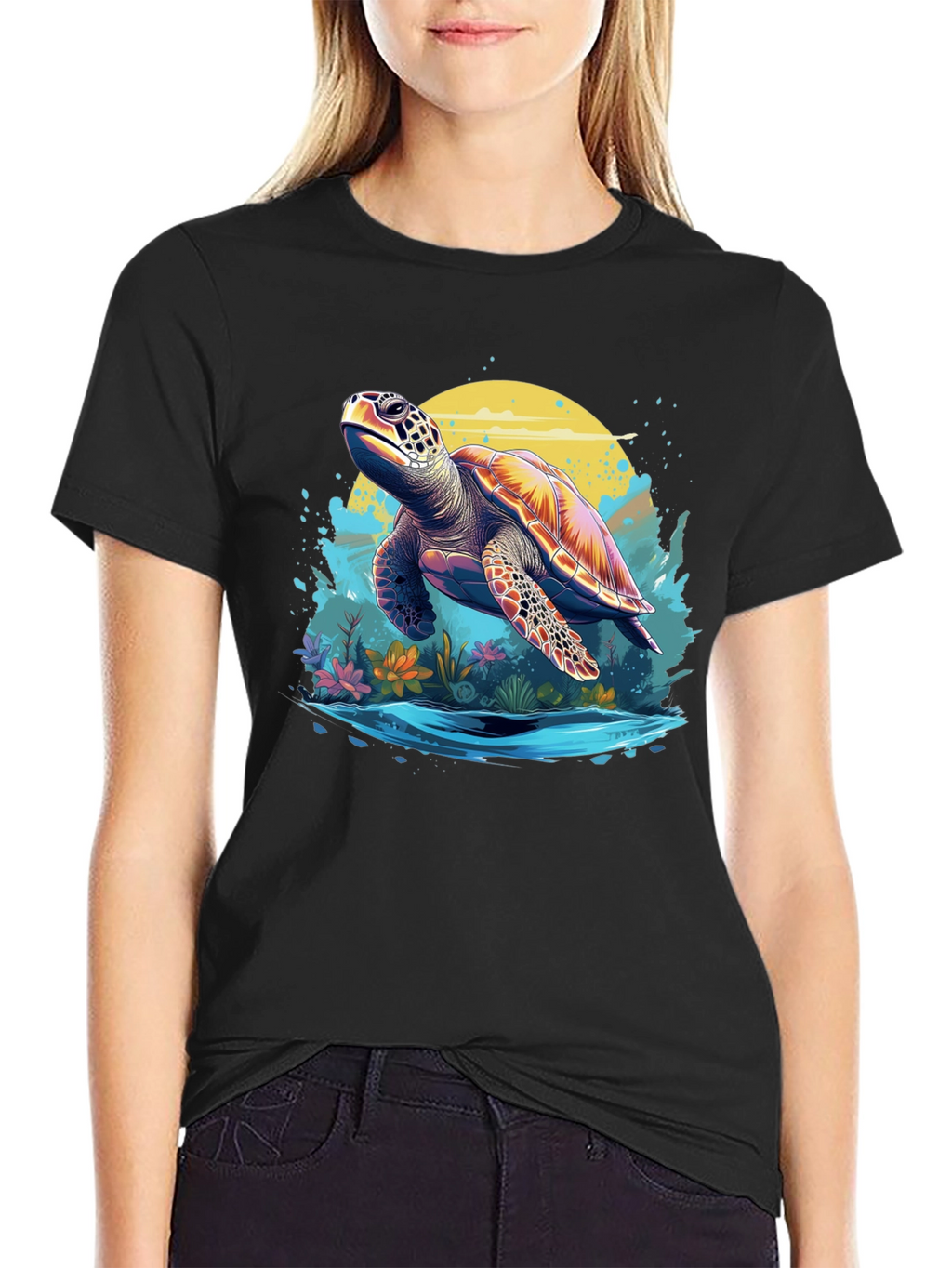 Turtle Graphic Print Black T-Shirt