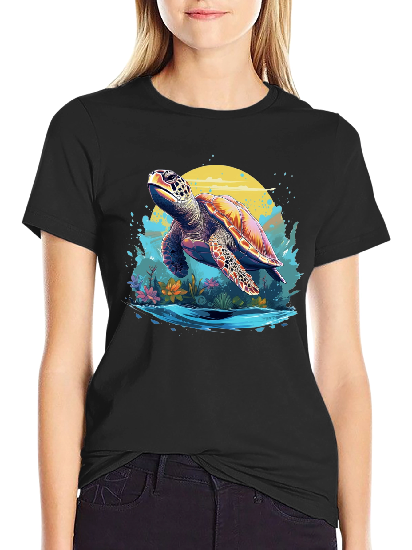Turtle Graphic Print Black T-Shirt