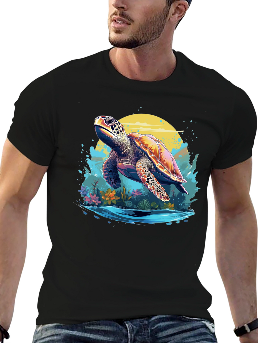 Turtle Graphic Print Black T-Shirt