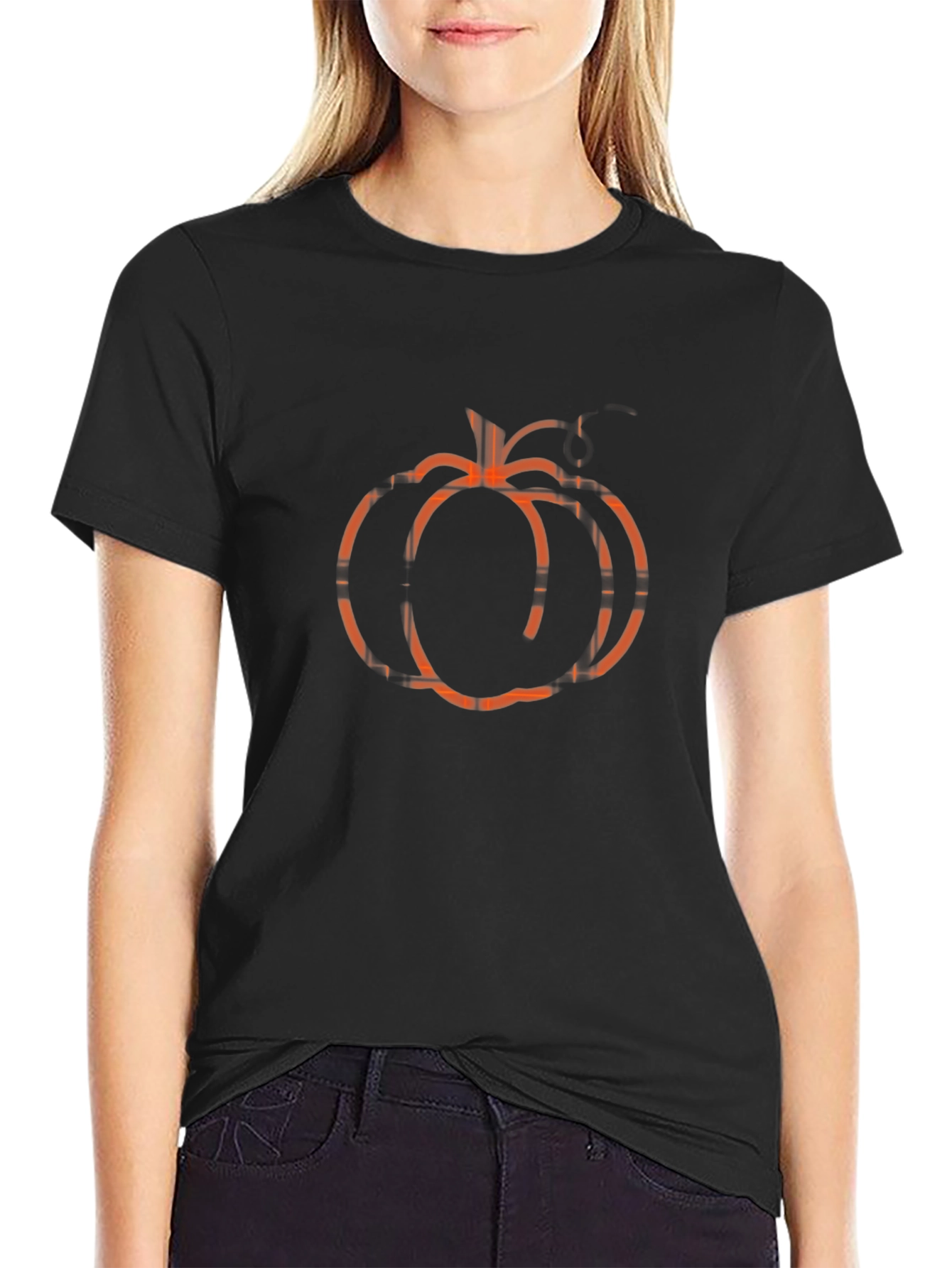 Pumpkin Plaid Graphic Tee - Black Cotton Blend