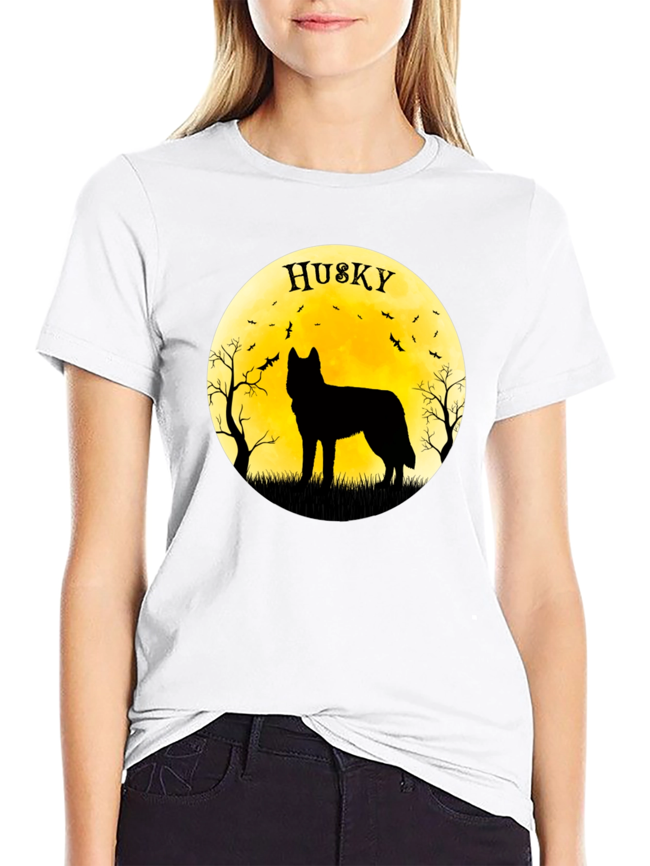Husky Silhouette T-Shirt - Halloween Moon Design