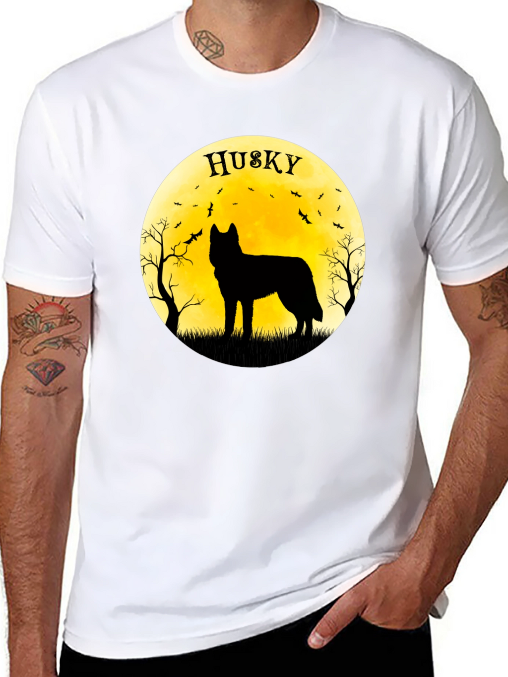 Husky Silhouette T-Shirt - Halloween Moon Design
