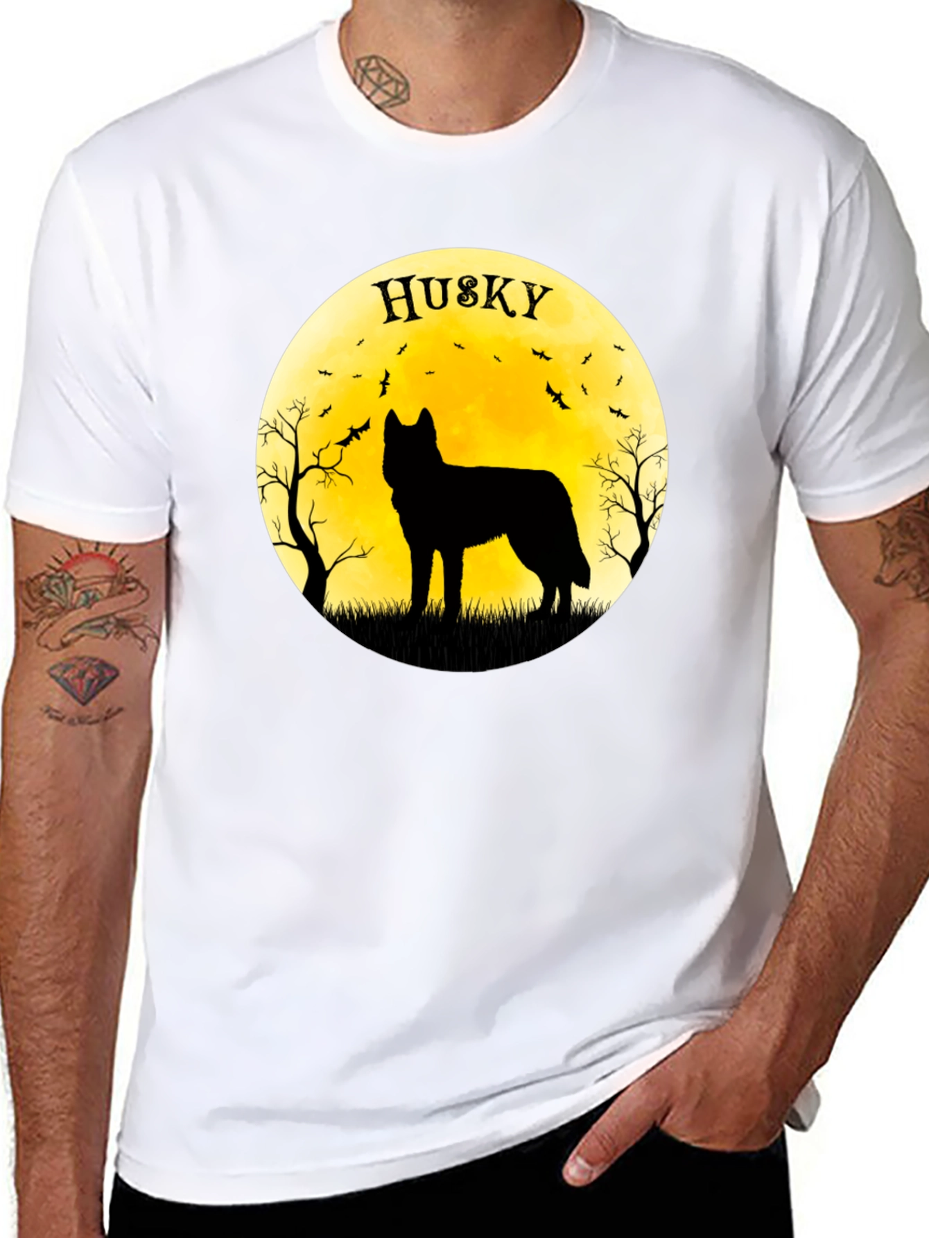 Husky Silhouette T-Shirt - Halloween Moon Design