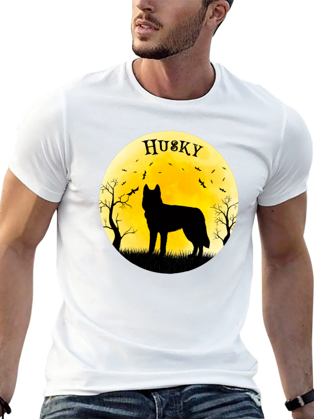 Husky Silhouette T-Shirt - Halloween Moon Design