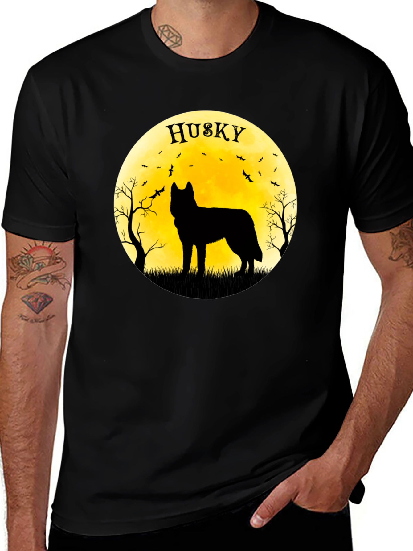 Husky Silhouette T-Shirt - Halloween Moon Design