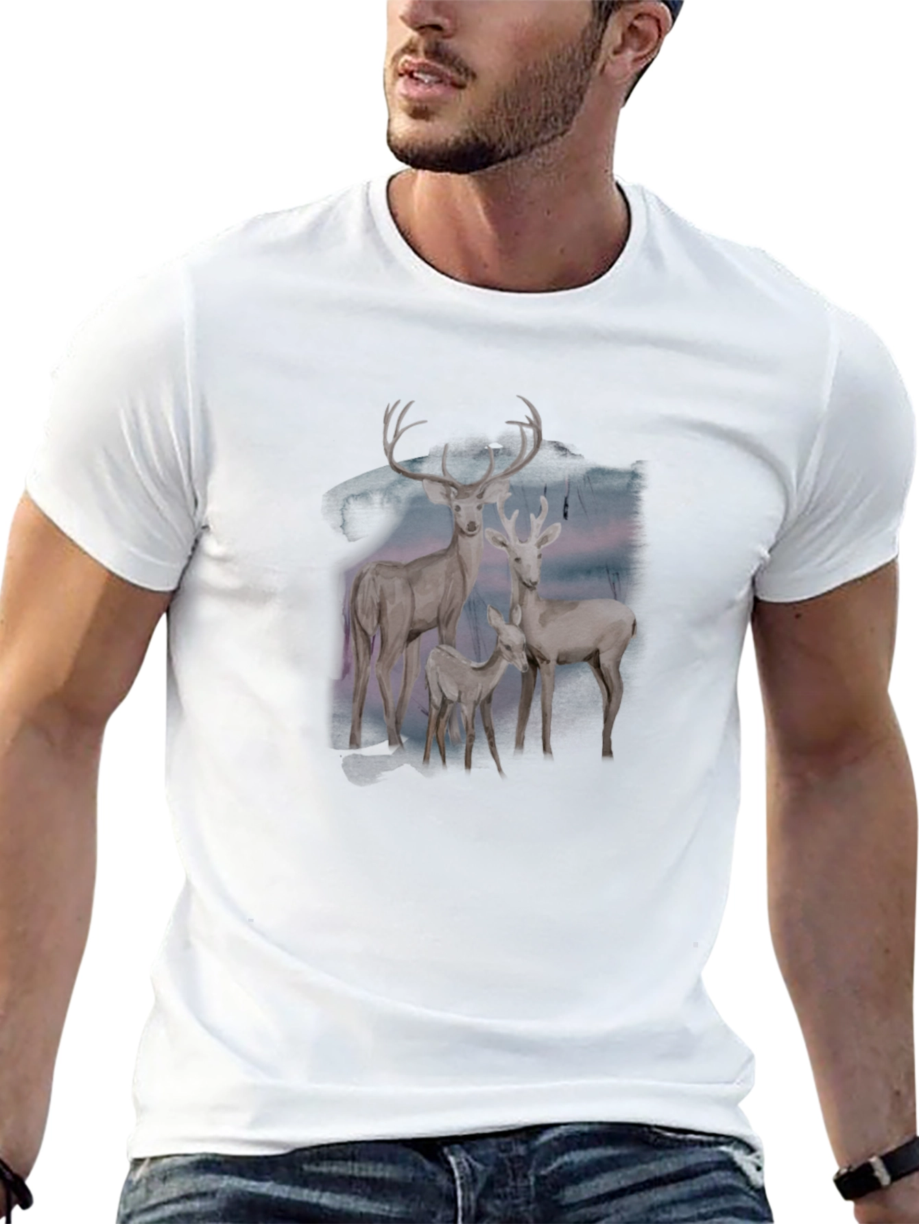 Deer Family Graphic Tee - Black Cotton Blend