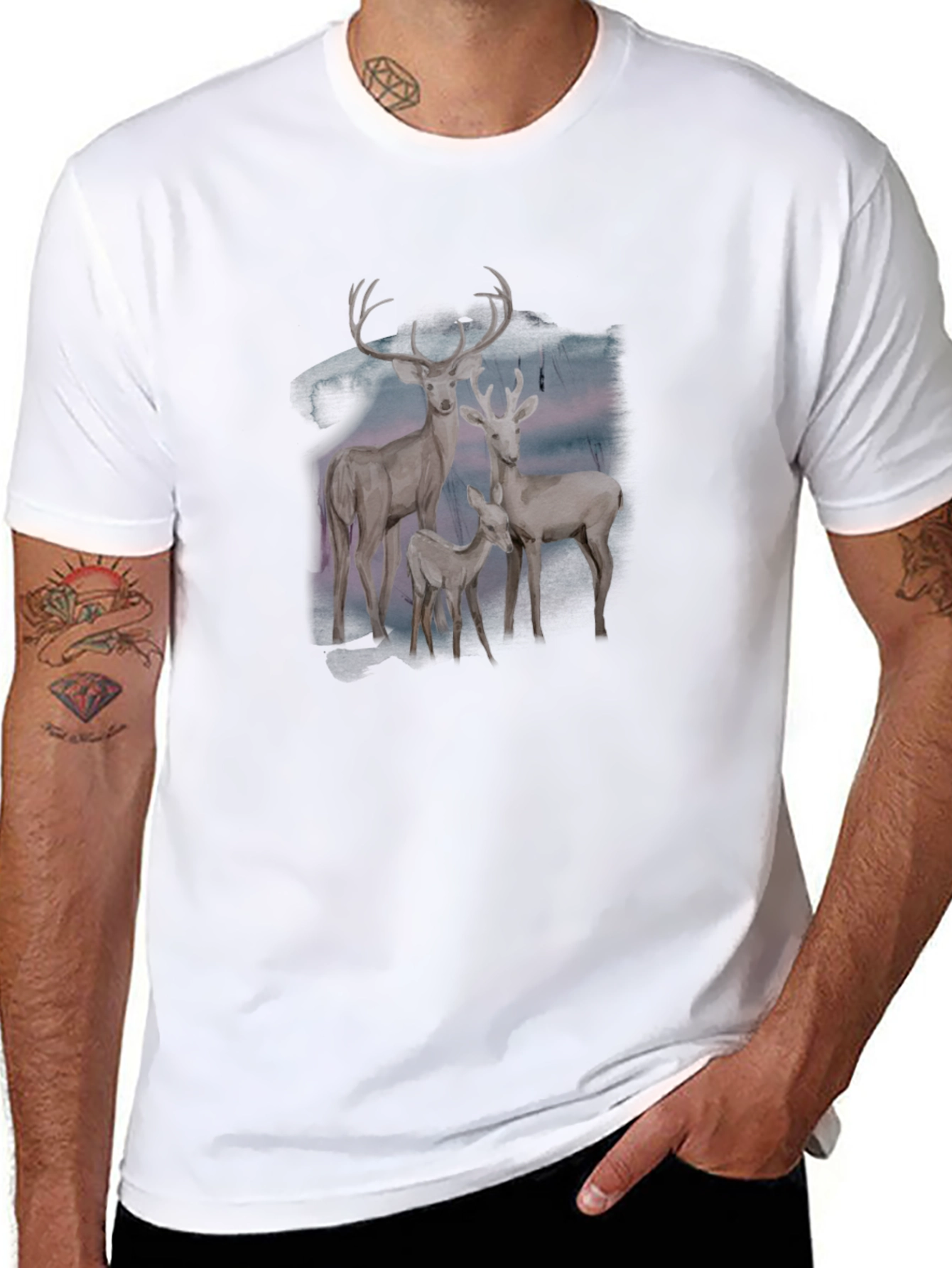 Deer Family Graphic Tee - Black Cotton Blend