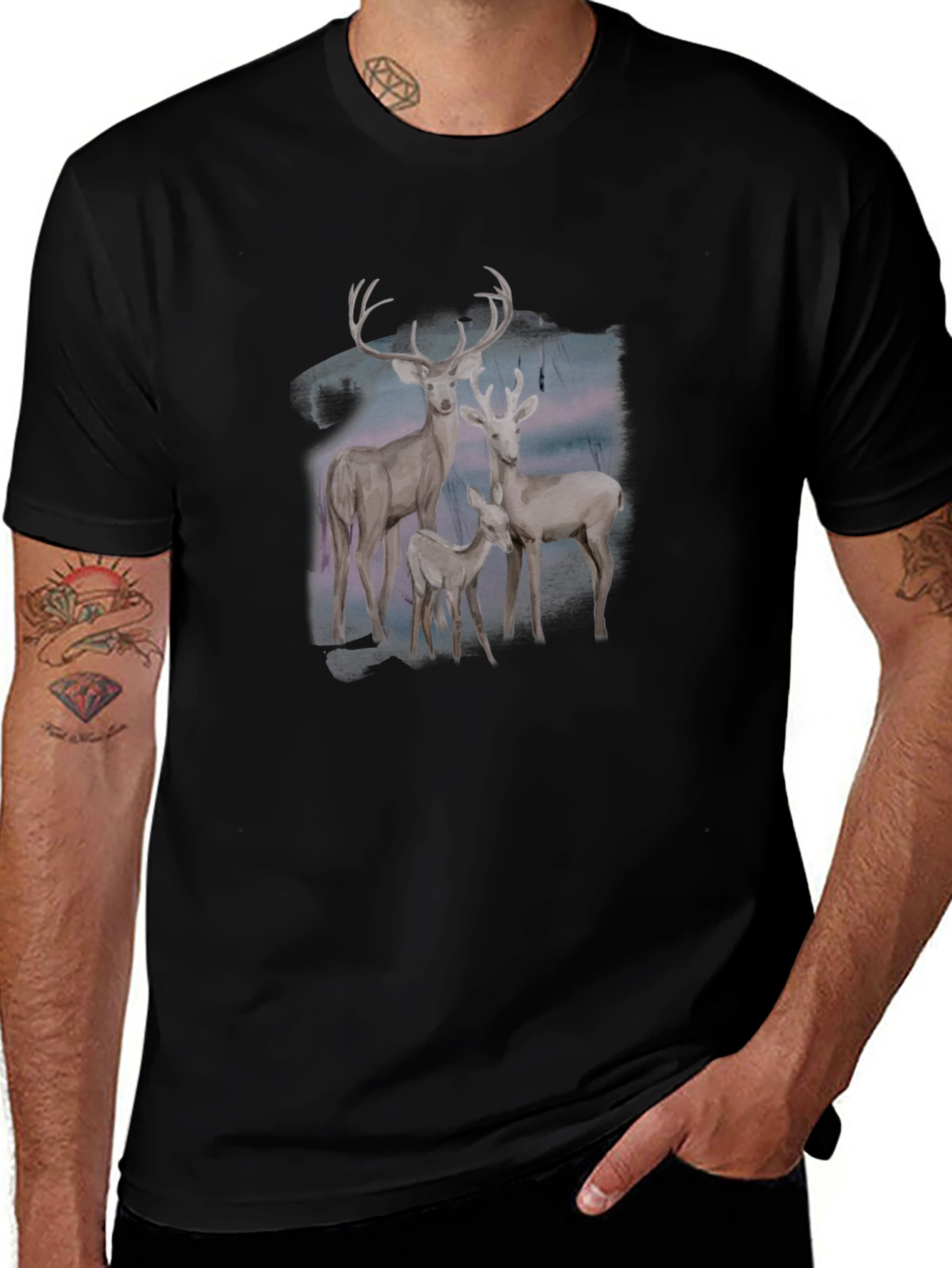 Deer Family Graphic Tee - Black Cotton Blend
