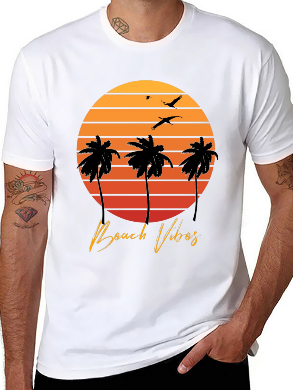 Beach Vibes T-Shirt - Sunset Palm Tree Design